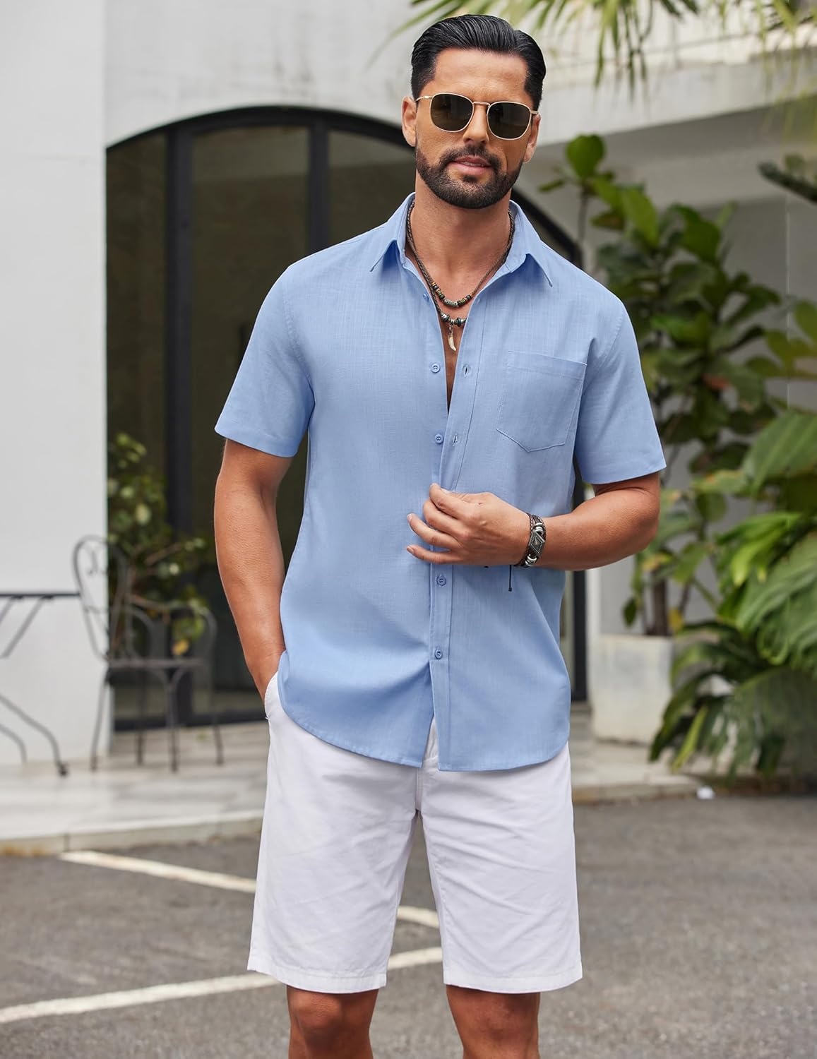 image:imageCOOFANDY Mens Short Sleeve Button Down Shirts Summer Cotton Lyocell Linen Textured Casual Beach Shirts with PocketLight Blue
