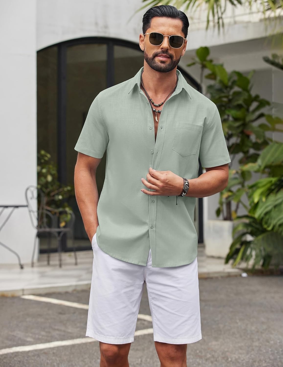 image:imageCOOFANDY Mens Short Sleeve Button Down Shirts Summer Cotton Lyocell Linen Textured Casual Beach Shirts with PocketLight Green