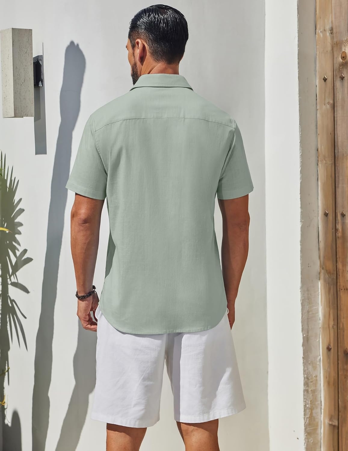 image:imageCOOFANDY Mens Short Sleeve Button Down Shirts Summer Cotton Lyocell Linen Textured Casual Beach Shirts with PocketLight Green