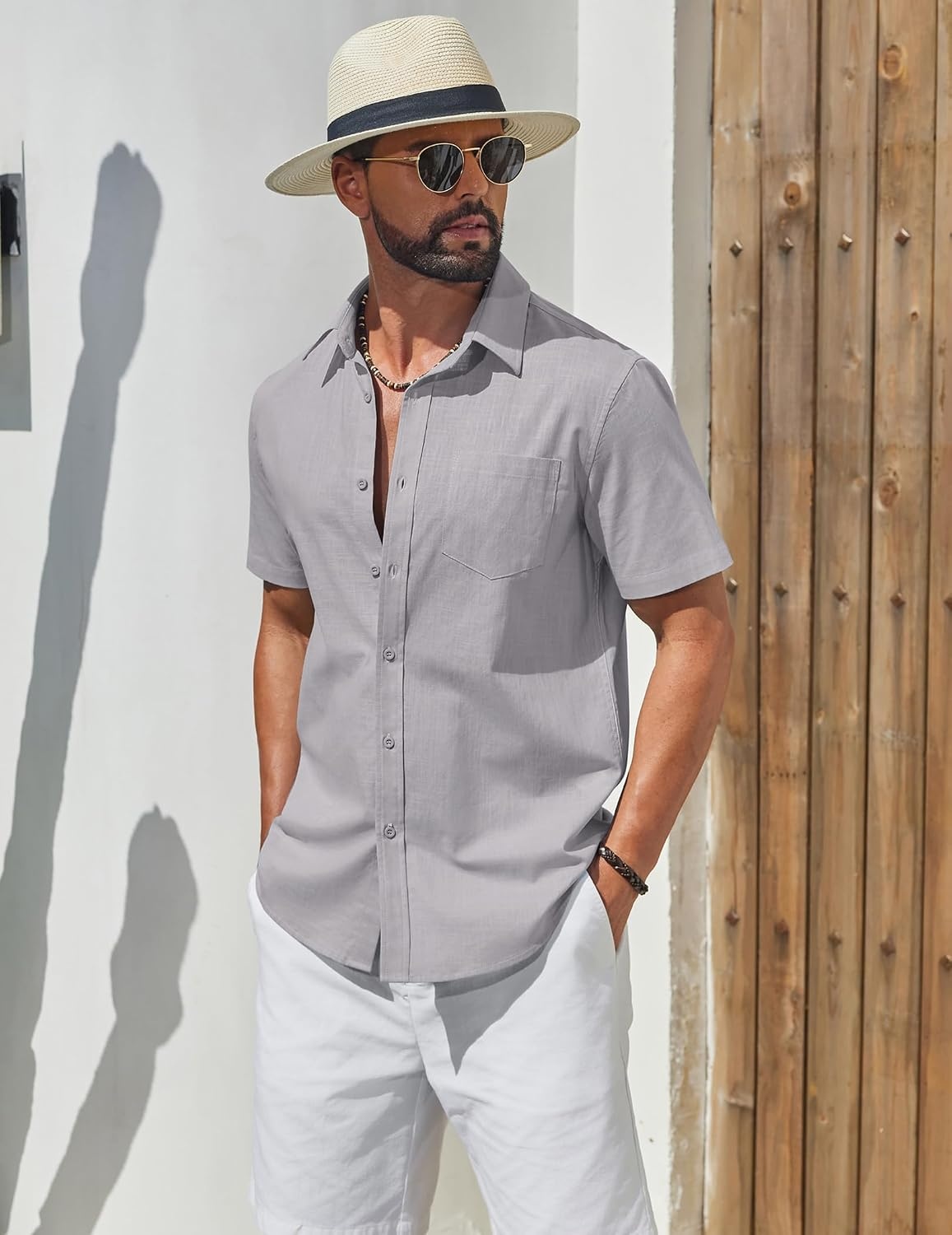 image:imageCOOFANDY Mens Short Sleeve Button Down Shirts Summer Cotton Lyocell Linen Textured Casual Beach Shirts with PocketLight Grey