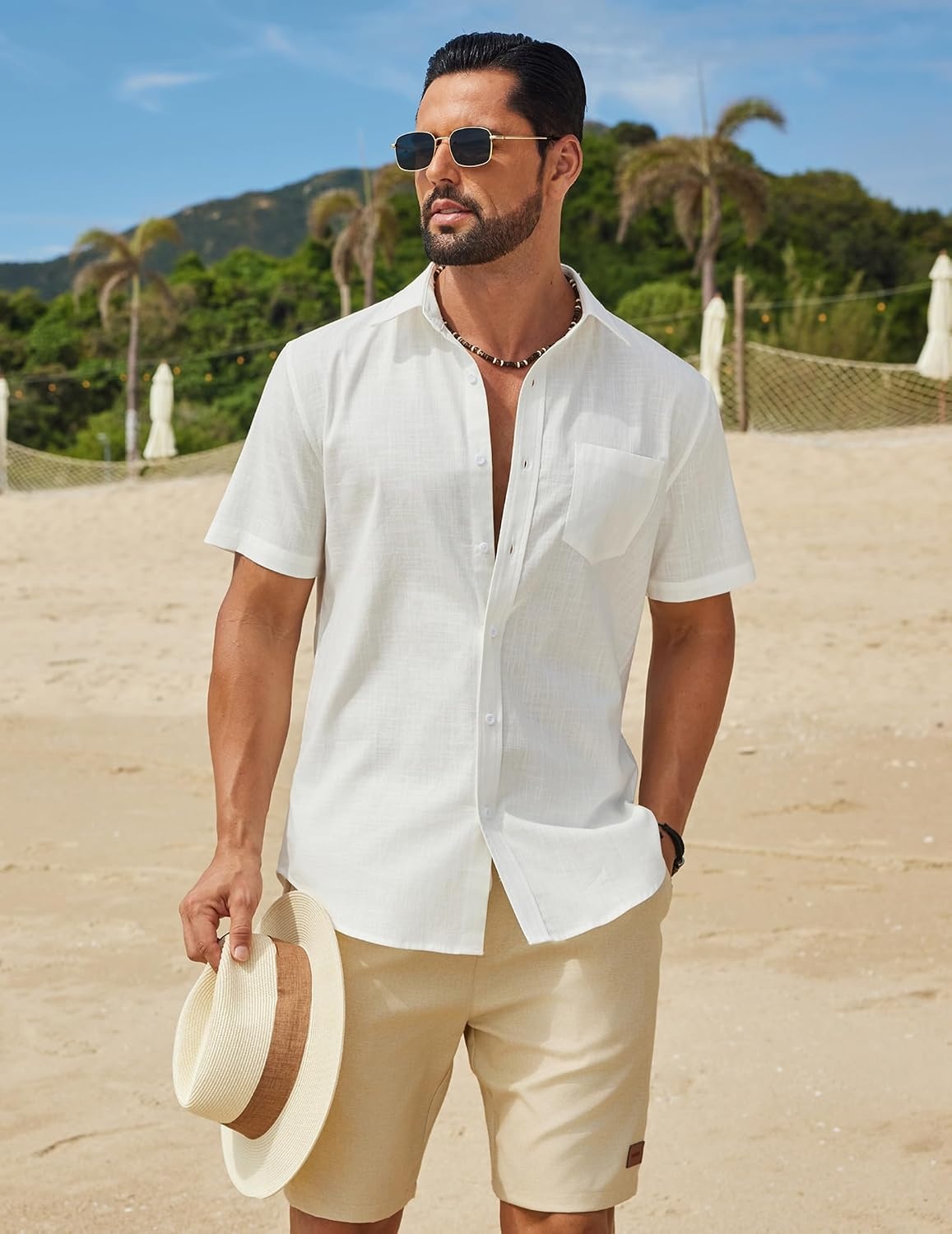 image:imageCOOFANDY Mens Short Sleeve Button Down Shirts Summer Cotton Lyocell Linen Textured Casual Beach Shirts with PocketWhite
