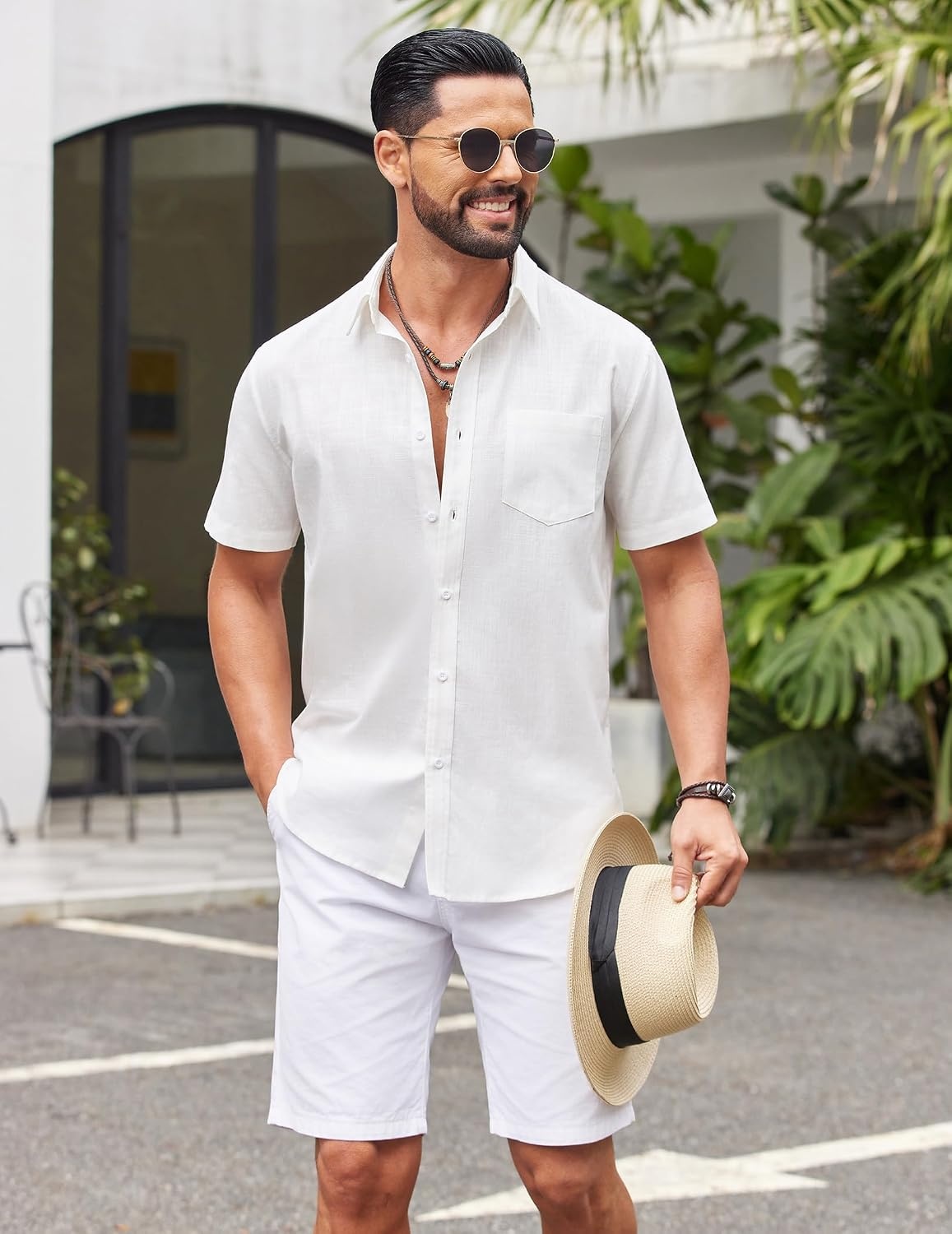 image:imageCOOFANDY Mens Short Sleeve Button Down Shirts Summer Cotton Lyocell Linen Textured Casual Beach Shirts with PocketWhite