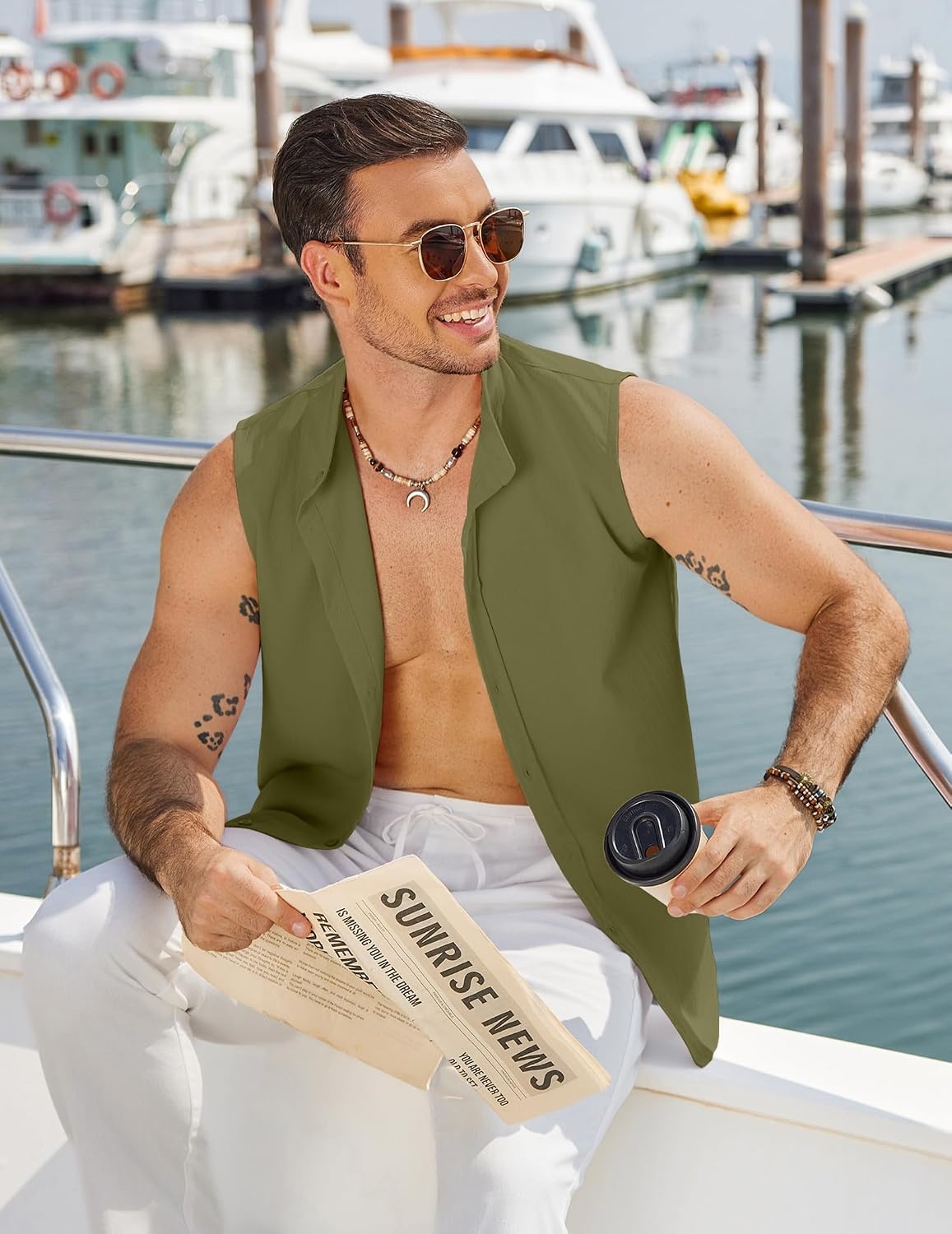 image:imageCOOFANDY Mens Sleeveless Button Up Shirts Summer Beach Tank Tops Collarless Casual Cruise Dress ShirtArmy Green