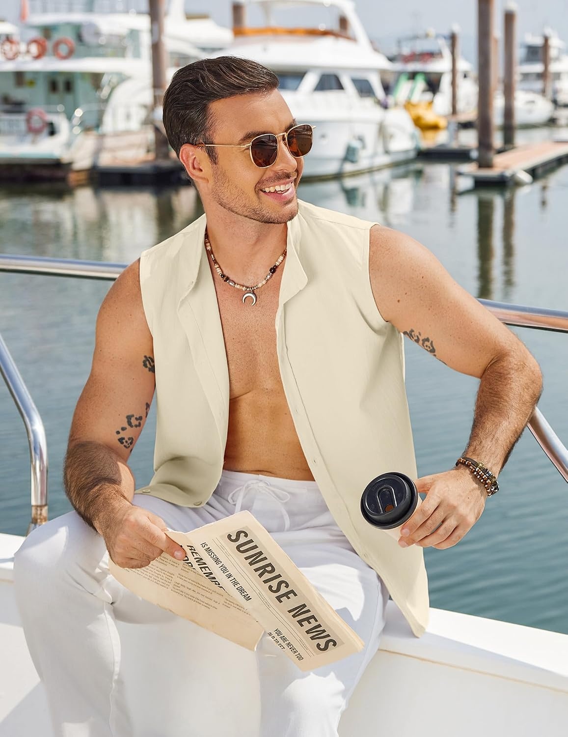 image:imageCOOFANDY Mens Sleeveless Button Up Shirts Summer Beach Tank Tops Collarless Casual Cruise Dress ShirtBeige