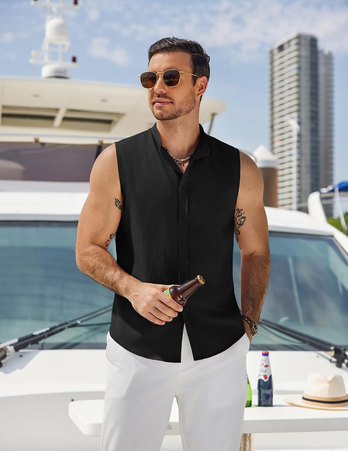 image:imageCOOFANDY Mens Sleeveless Button Up Shirts Summer Beach Tank Tops Collarless Casual Cruise Dress ShirtBlack