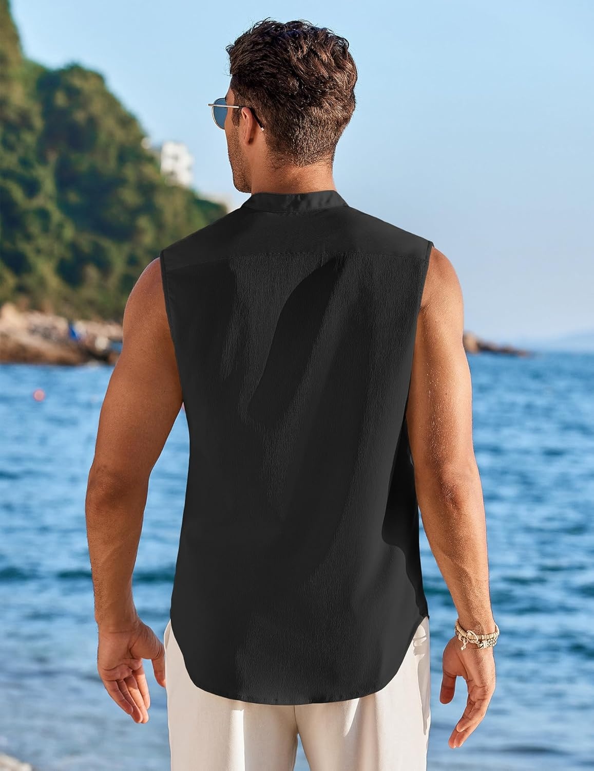image:imageCOOFANDY Mens Sleeveless Button Up Shirts Summer Beach Tank Tops Collarless Casual Cruise Dress ShirtBlack