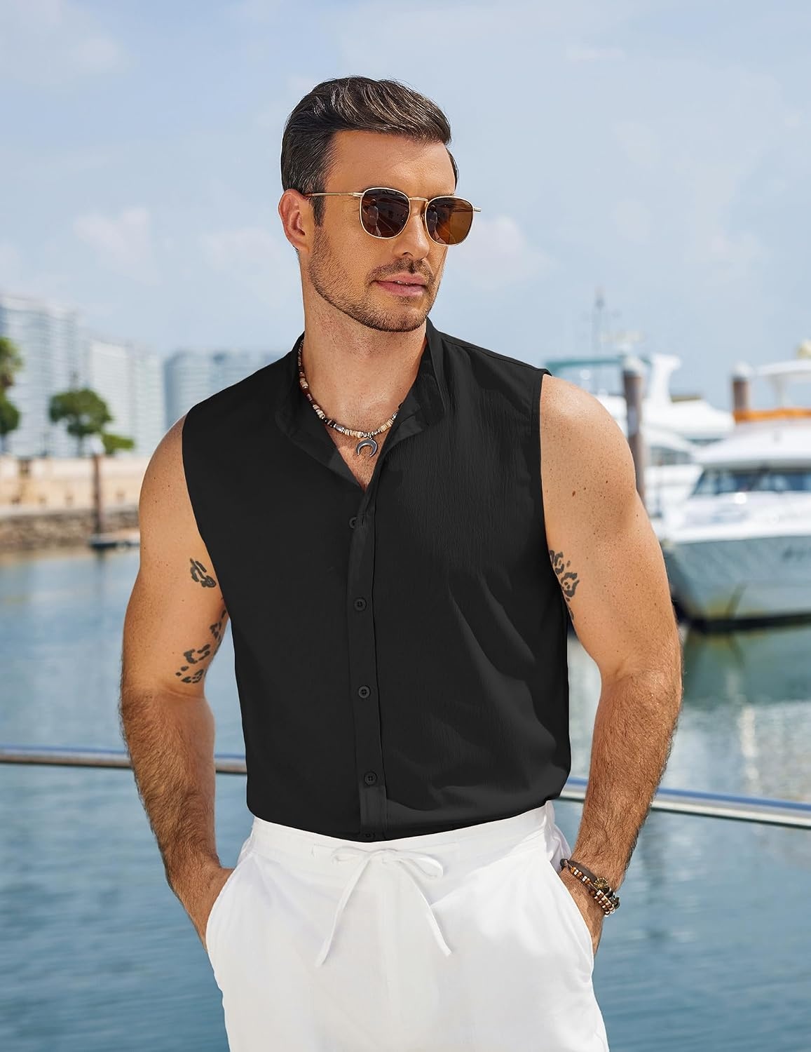 image:imageCOOFANDY Mens Sleeveless Button Up Shirts Summer Beach Tank Tops Collarless Casual Cruise Dress ShirtBlack
