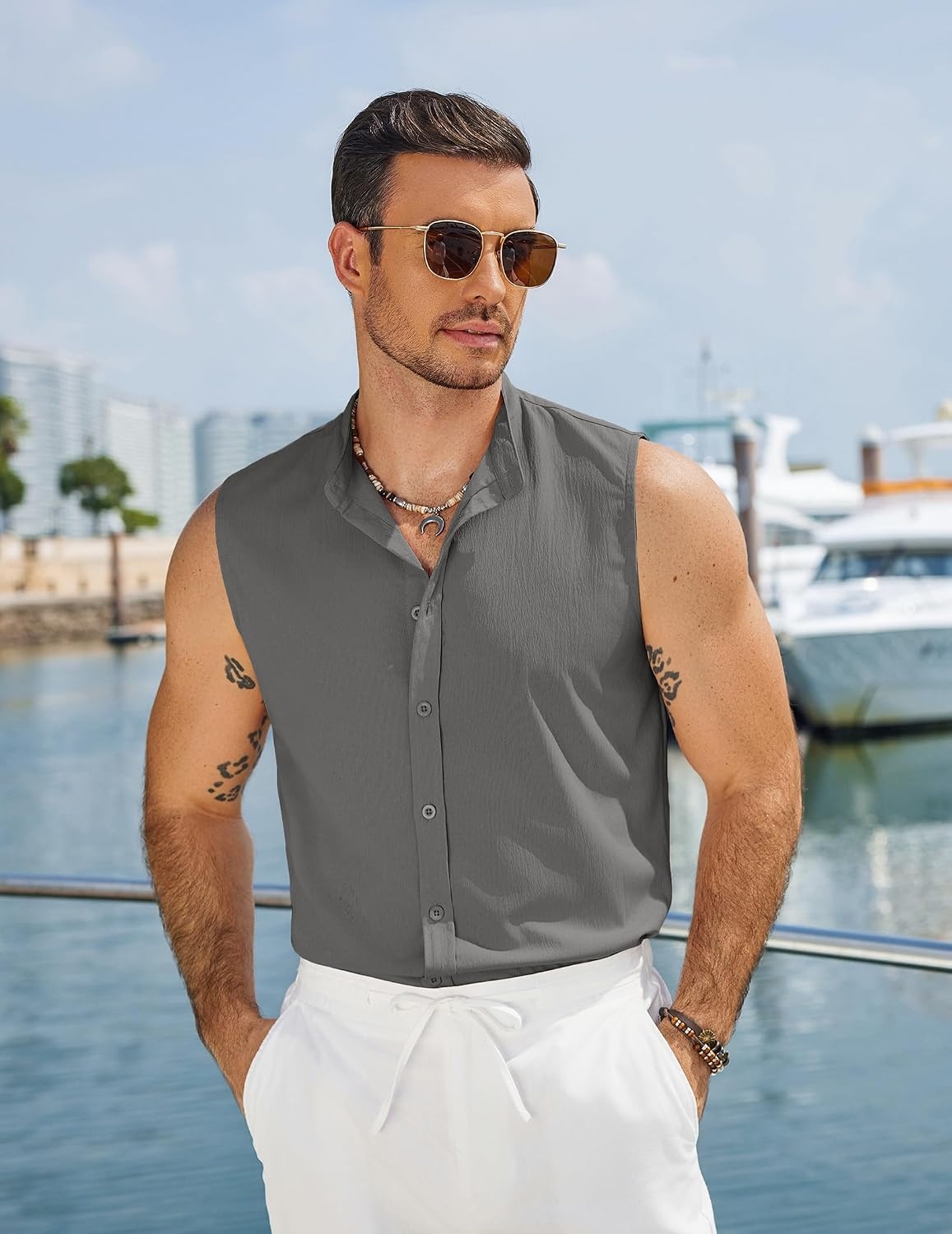 image:imageCOOFANDY Mens Sleeveless Button Up Shirts Summer Beach Tank Tops Collarless Casual Cruise Dress ShirtDark Grey