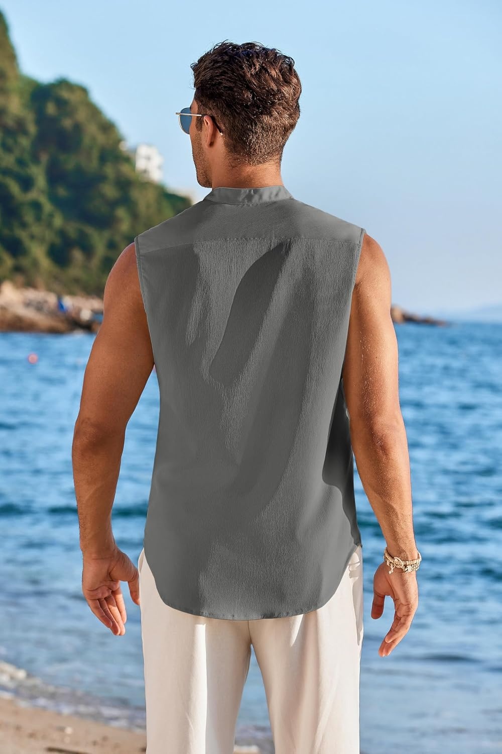 image:imageCOOFANDY Mens Sleeveless Button Up Shirts Summer Beach Tank Tops Collarless Casual Cruise Dress ShirtDark Grey