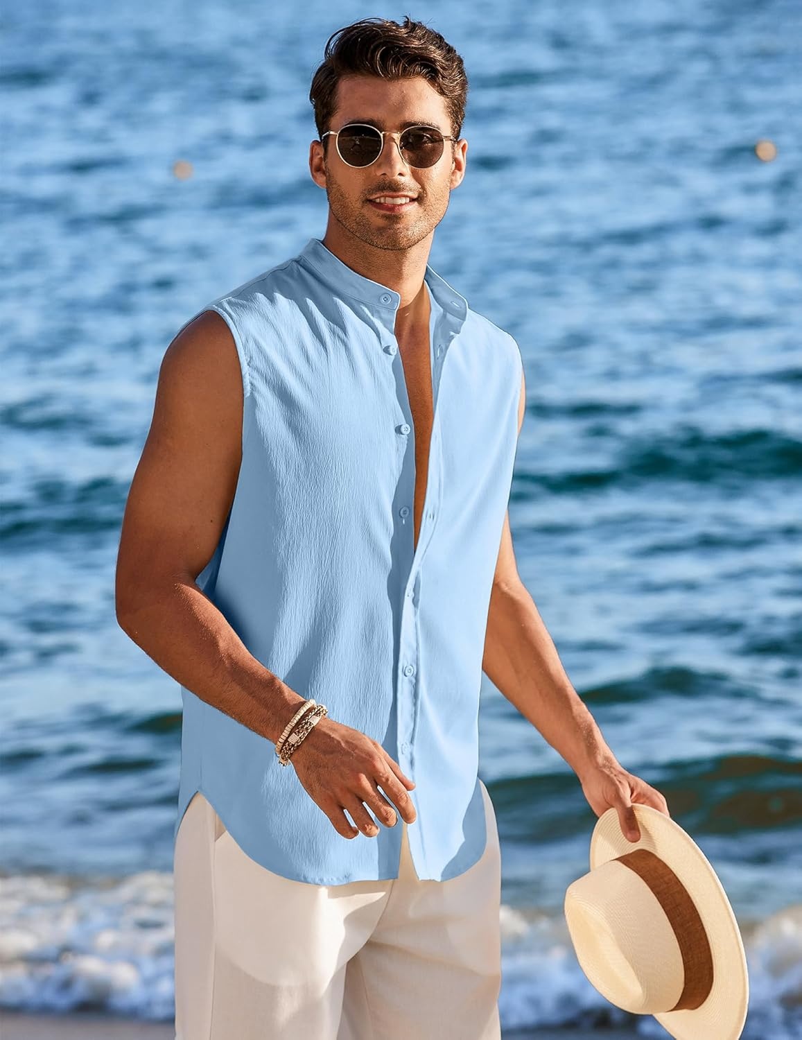image:imageCOOFANDY Mens Sleeveless Button Up Shirts Summer Beach Tank Tops Collarless Casual Cruise Dress ShirtLight Blue