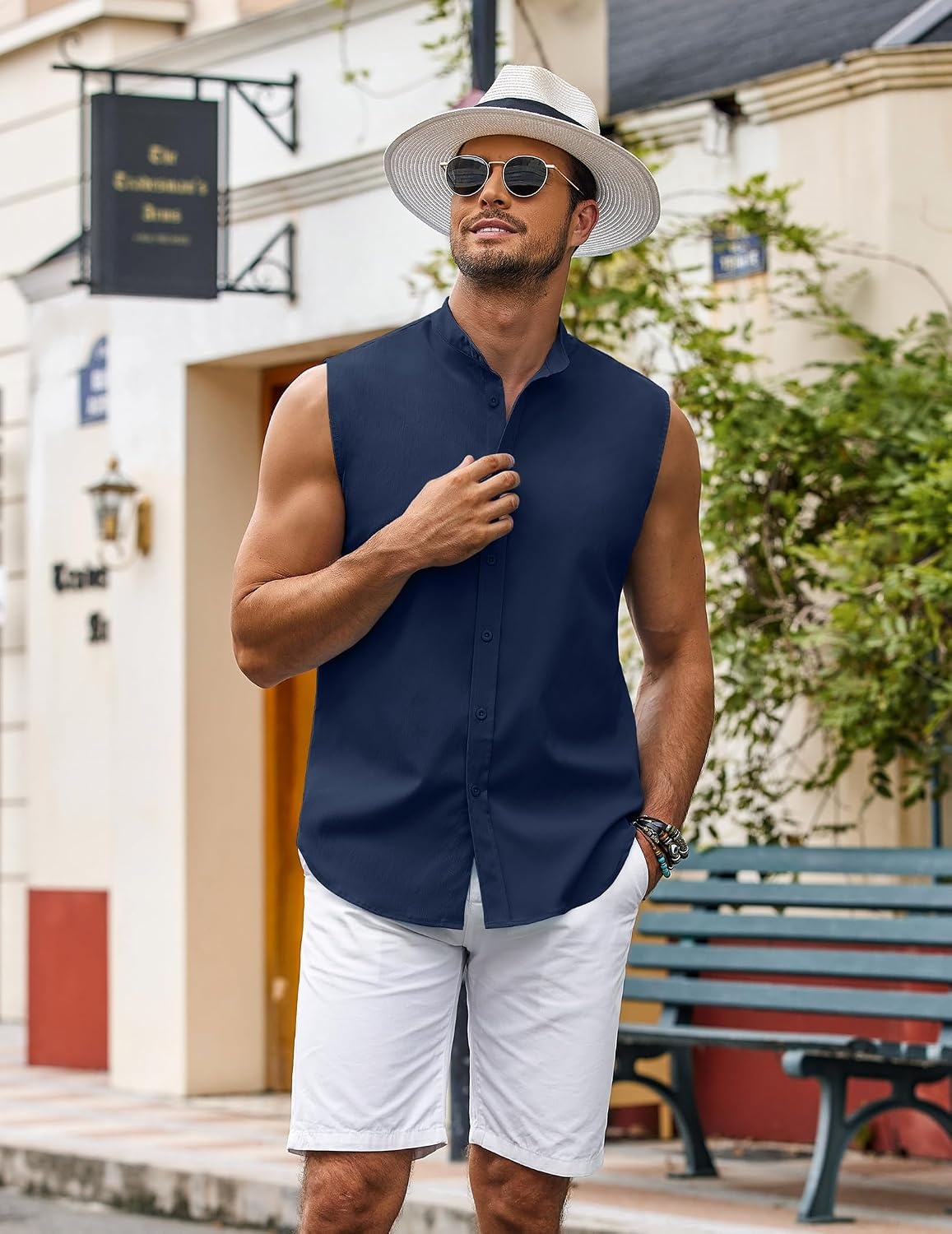 image:imageCOOFANDY Mens Sleeveless Button Up Shirts Summer Beach Tank Tops Collarless Casual Cruise Dress ShirtNavy Blue