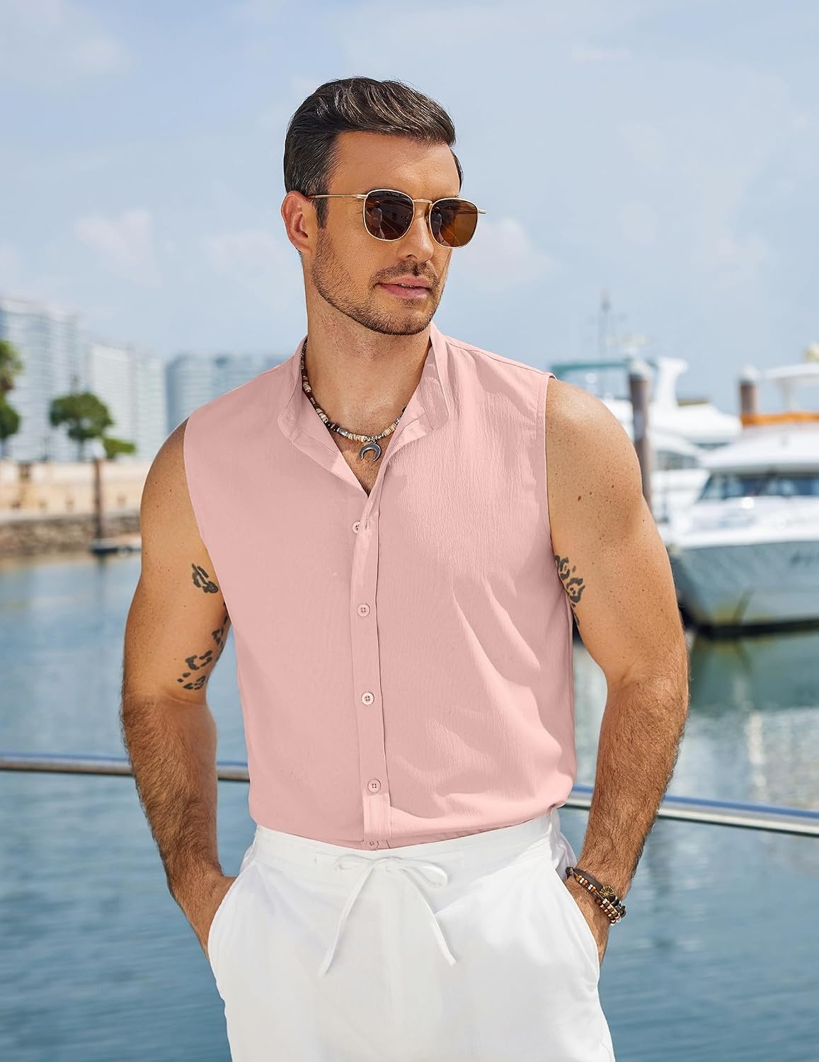 image:imageCOOFANDY Mens Sleeveless Button Up Shirts Summer Beach Tank Tops Collarless Casual Cruise Dress ShirtPink