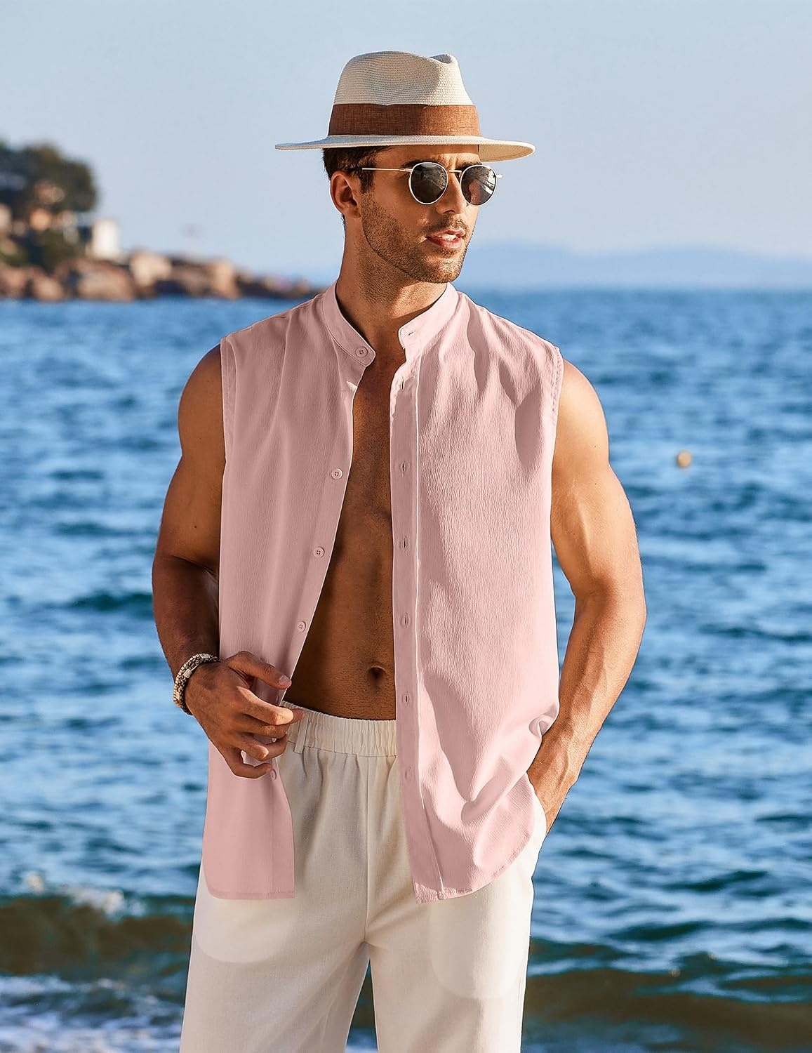 image:imageCOOFANDY Mens Sleeveless Button Up Shirts Summer Beach Tank Tops Collarless Casual Cruise Dress ShirtPink