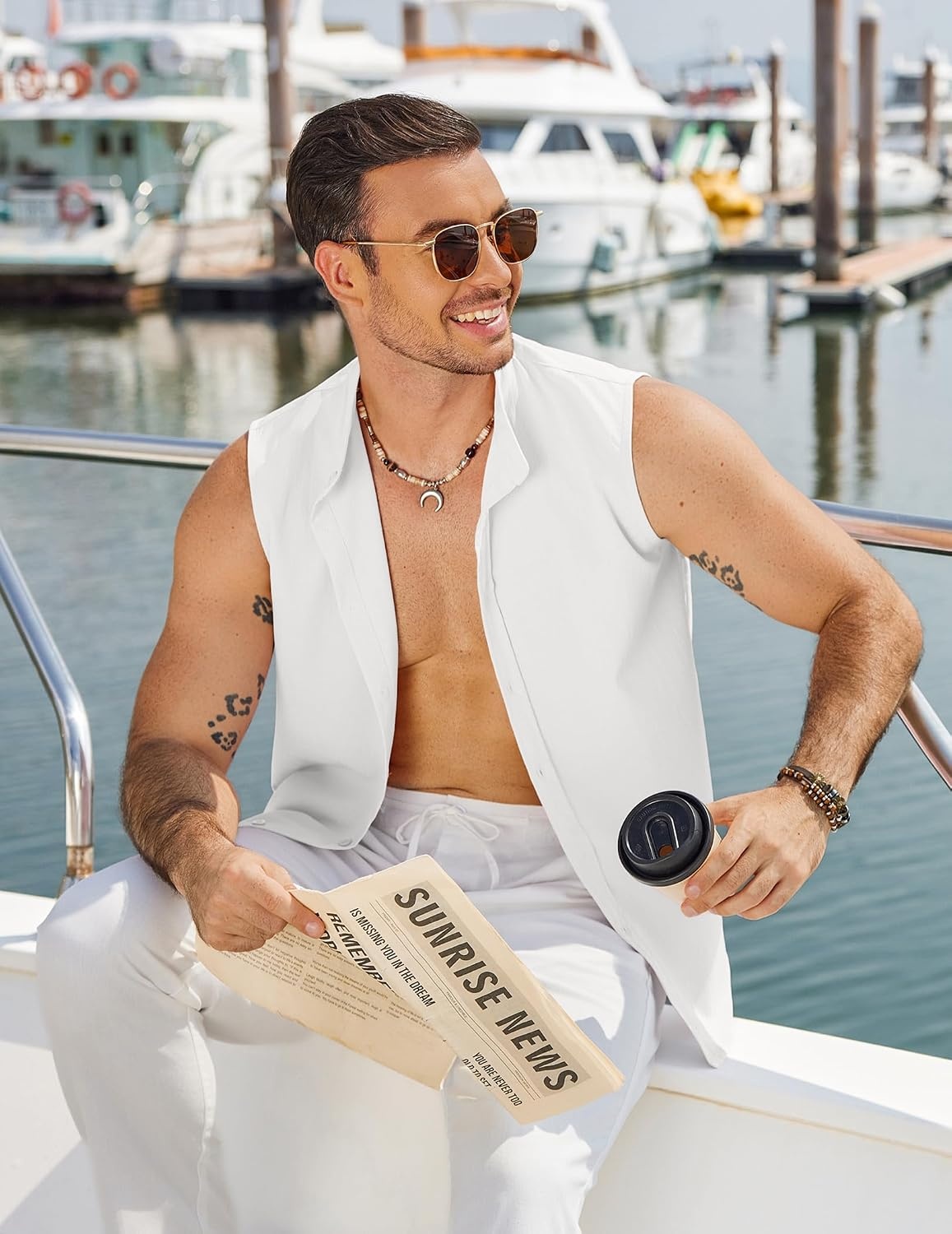 image:imageCOOFANDY Mens Sleeveless Button Up Shirts Summer Beach Tank Tops Collarless Casual Cruise Dress ShirtWhite
