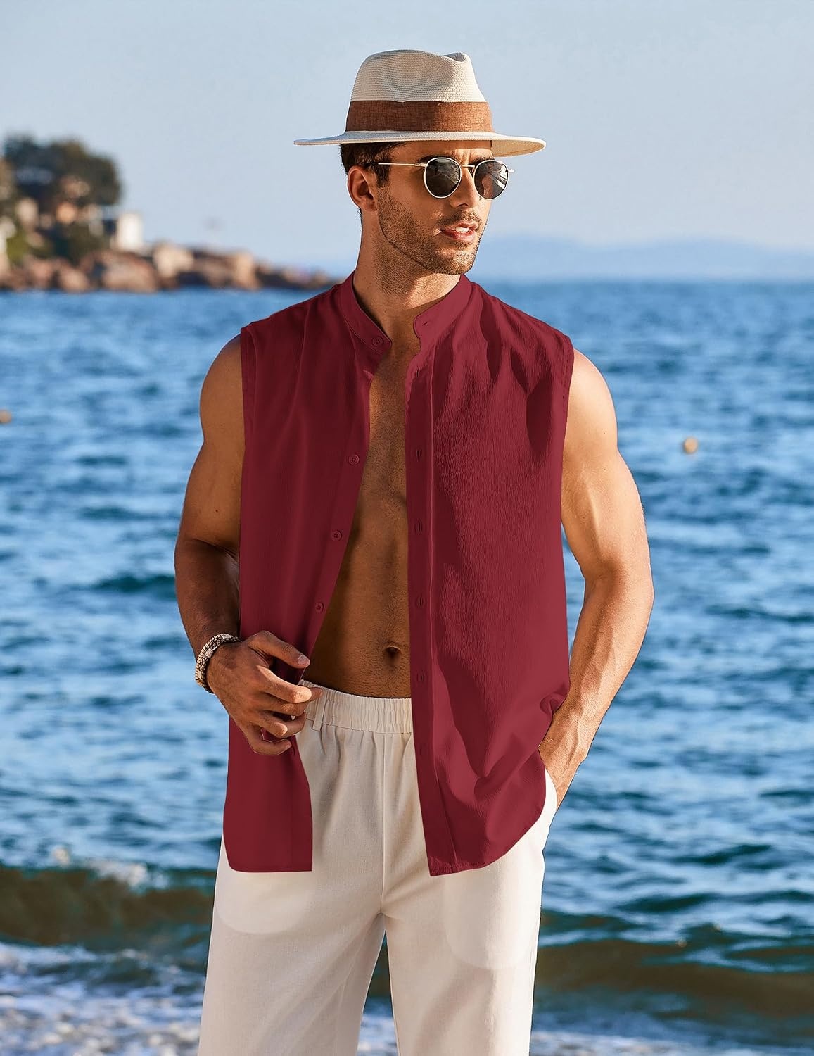 image:imageCOOFANDY Mens Sleeveless Button Up Shirts Summer Beach Tank Tops Collarless Casual Cruise Dress ShirtWine Red