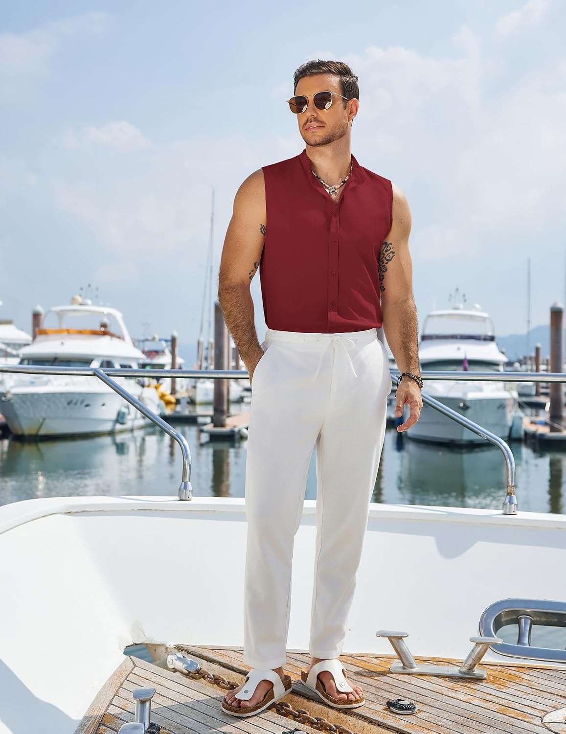 image:imageCOOFANDY Mens Sleeveless Button Up Shirts Summer Beach Tank Tops Collarless Casual Cruise Dress ShirtWine Red