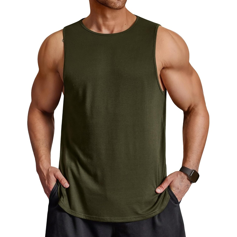 image:imageCOOFANDY Gym Sleeveless Shirts Men Cotton Blend Stringer Tank Tops Quick Dry Soft Gym Wear Active Gym Shirts Workout Tank Army Green