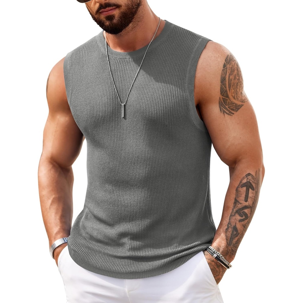 image:imageCOOFANDY Mens Casual Knitted Tank Tops Crew Neck Sleeveless Muscle T Shirts Summer Beach TopsHeather Gray
