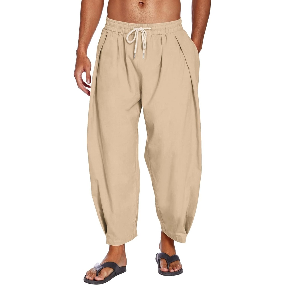 image:imageCOOFANDY Mens Cotton Linen Harem Pants Drawstring Casual Cropped Trousers Lightweight Loose Beach Yoga Pants with PocketsDark Khaki