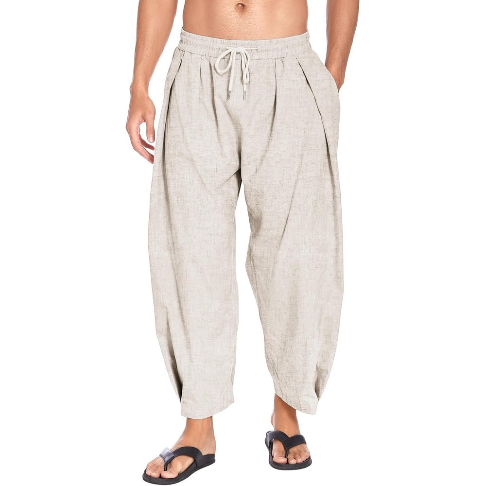 image:imageCOOFANDY Mens Cotton Linen Harem Pants Drawstring Casual Cropped Trousers Lightweight Loose Beach Yoga Pants with PocketsLinen Khaki