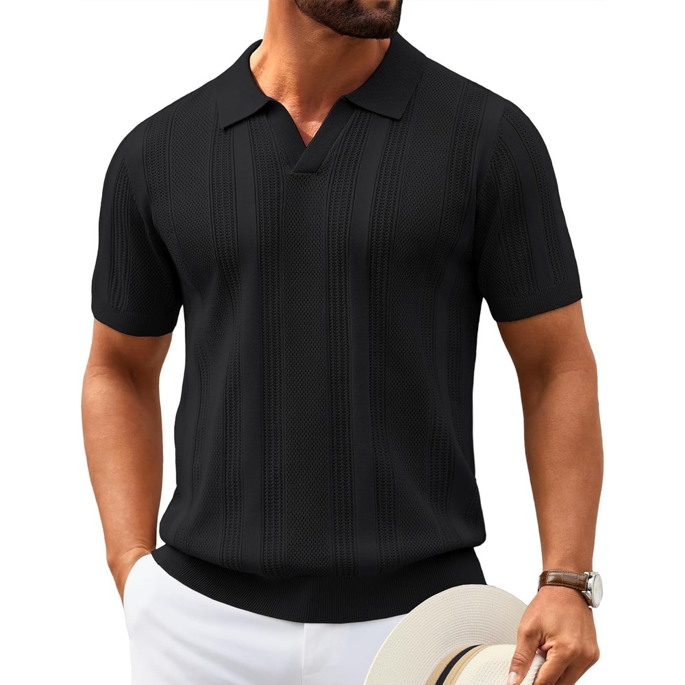 image:imageCOOFANDY Mens Knit Polo Shirts V Neck Textured Polo Shirts Short Sleeve Breathable Polo Casual Collared T Shirt Fashion TopsAll Black