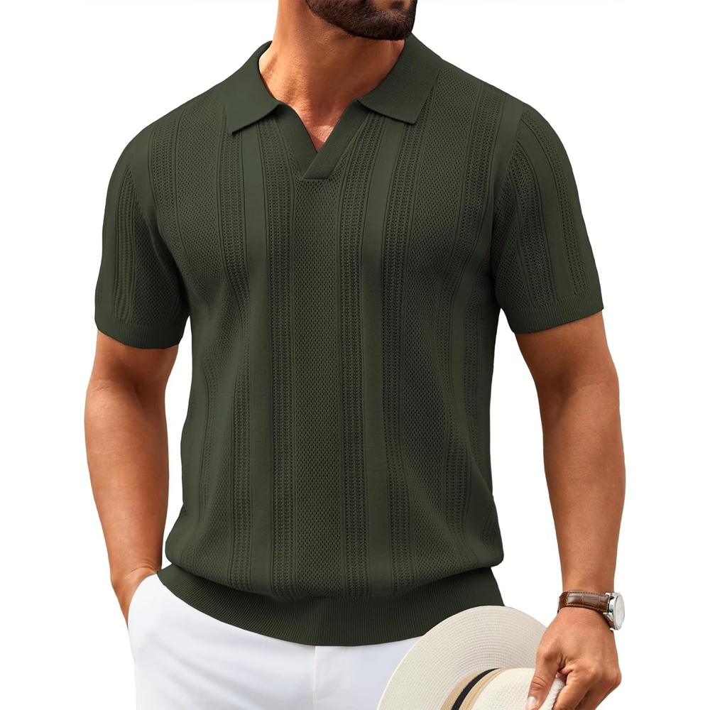 image:imageCOOFANDY Mens Knit Polo Shirts V Neck Textured Polo Shirts Short Sleeve Breathable Polo Casual Collared T Shirt Fashion TopsArmy Green