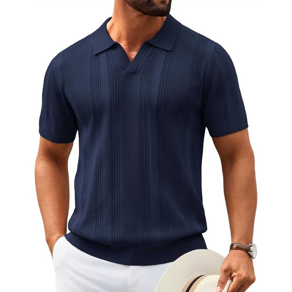image:imageCOOFANDY Mens Knit Polo Shirts V Neck Textured Polo Shirts Short Sleeve Breathable Polo Casual Collared T Shirt Fashion TopsBnavy Blue