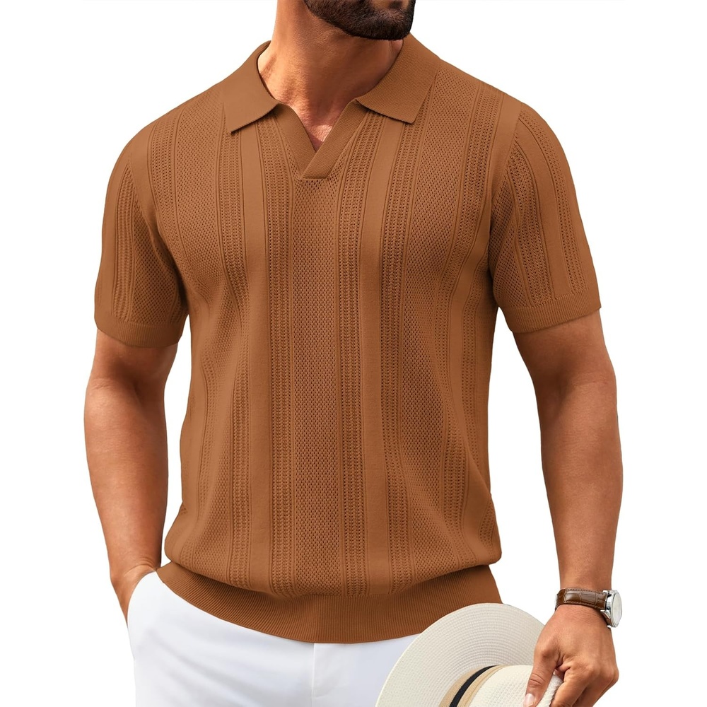 image:imageCOOFANDY Mens Knit Polo Shirts V Neck Textured Polo Shirts Short Sleeve Breathable Polo Casual Collared T Shirt Fashion TopsCaramel
