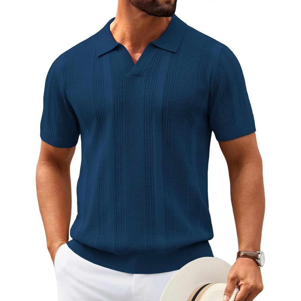 image:imageCOOFANDY Mens Knit Polo Shirts V Neck Textured Polo Shirts Short Sleeve Breathable Polo Casual Collared T Shirt Fashion TopsDemin Blue