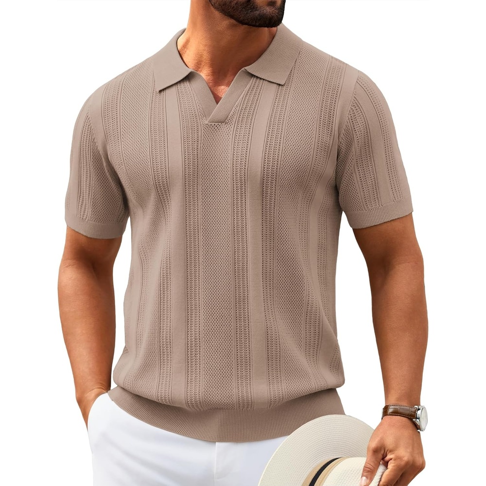 image:imageCOOFANDY Mens Knit Polo Shirts V Neck Textured Polo Shirts Short Sleeve Breathable Polo Casual Collared T Shirt Fashion TopsKhaki