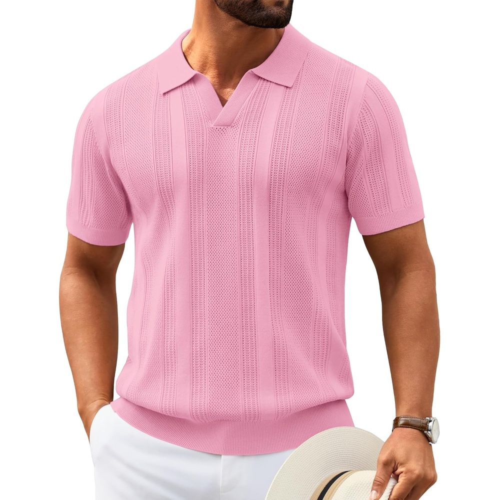 image:imageCOOFANDY Mens Knit Polo Shirts V Neck Textured Polo Shirts Short Sleeve Breathable Polo Casual Collared T Shirt Fashion TopsPink