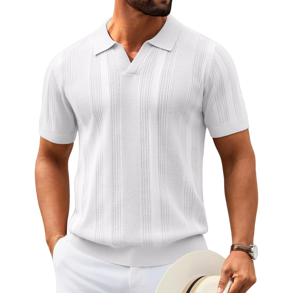 image:imageCOOFANDY Mens Knit Polo Shirts V Neck Textured Polo Shirts Short Sleeve Breathable Polo Casual Collared T Shirt Fashion TopsWhite