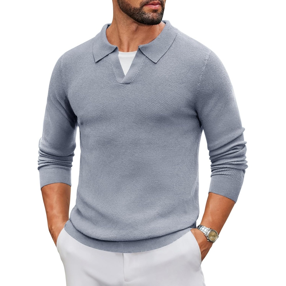 image:imageCOOFANDY Mens Knit Polo Sweater Long Sleeve VNeck Pullover Sweaters Casual Collared Ribbed Knitted Polos