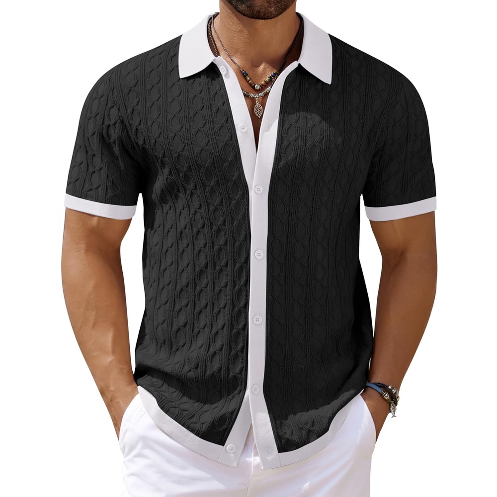 image:imageCOOFANDY Mens Knit Short Sleeve Shirts Button Down Vintage Knitted Polo Shirt Casual Beach Crochet Cable Vacation ShirtWhiteblack