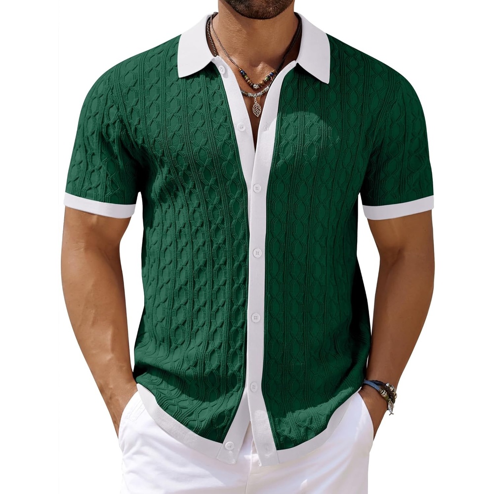 image:imageCOOFANDY Mens Knit Short Sleeve Shirts Button Down Vintage Knitted Polo Shirt Casual Beach Crochet Cable Vacation ShirtWhitegreen