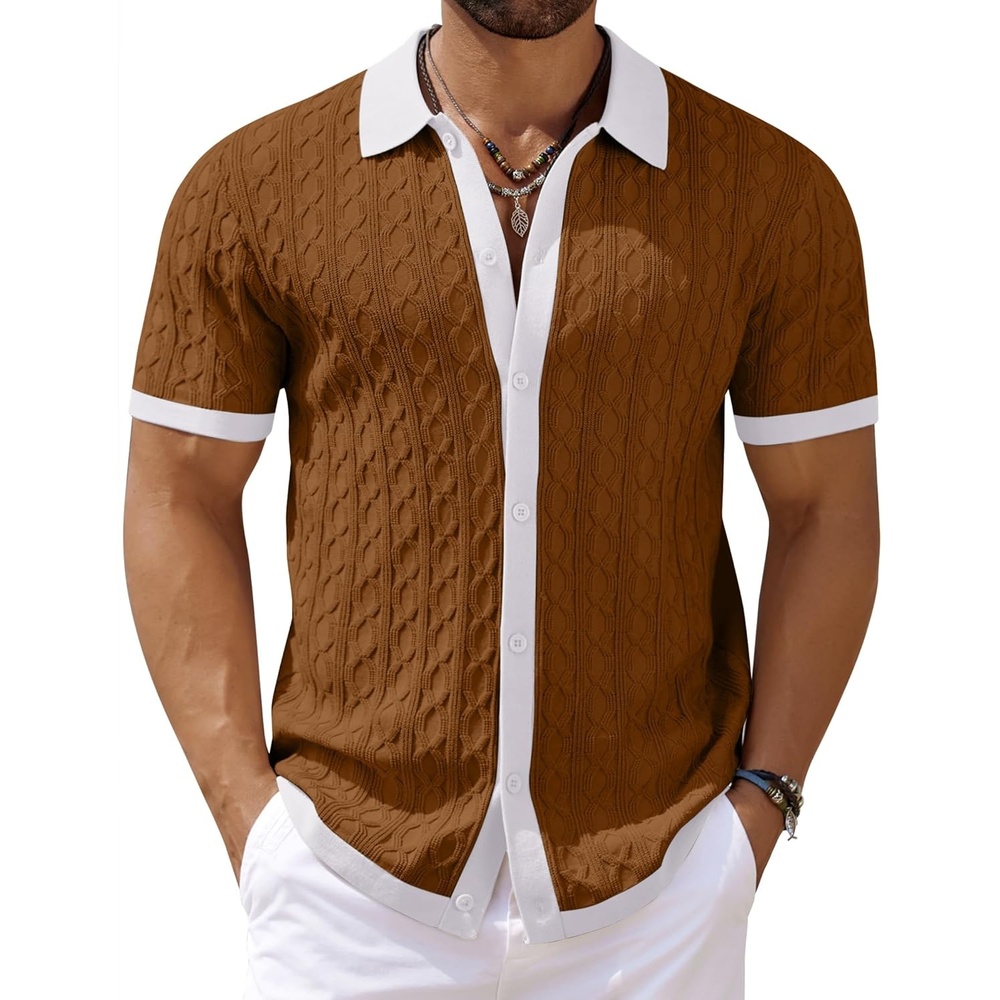 image:imageCOOFANDY Mens Knit Short Sleeve Shirts Button Down Vintage Knitted Polo Shirt Casual Beach Crochet Cable Vacation ShirtWhitelight Brown
