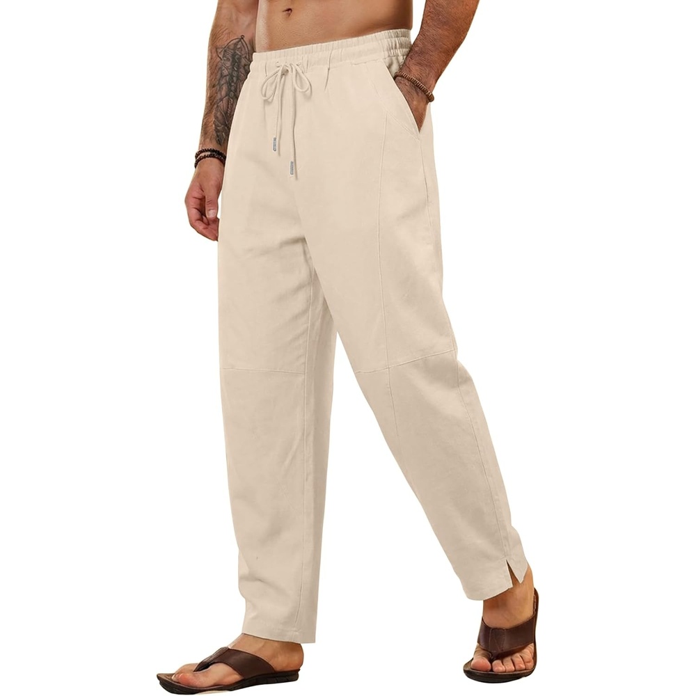 image:imageCOOFANDY Mens Linen Harem Drawstring Pants Casual Elastic Waist Lightweight Trouser Hippie Summer Beach Yoga PantsKhaki2