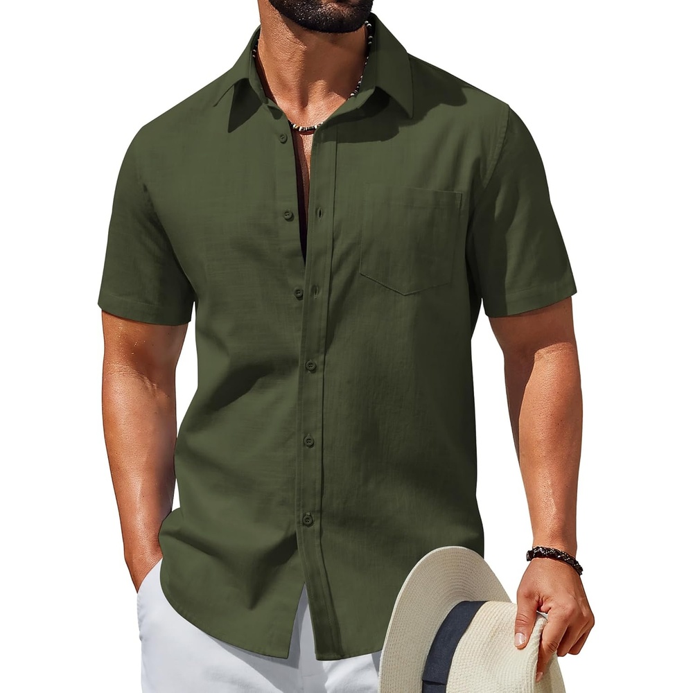 image:imageCOOFANDY Mens Short Sleeve Button Down Shirts Summer Cotton Lyocell Linen Textured Casual Beach Shirts with PocketArmy Green