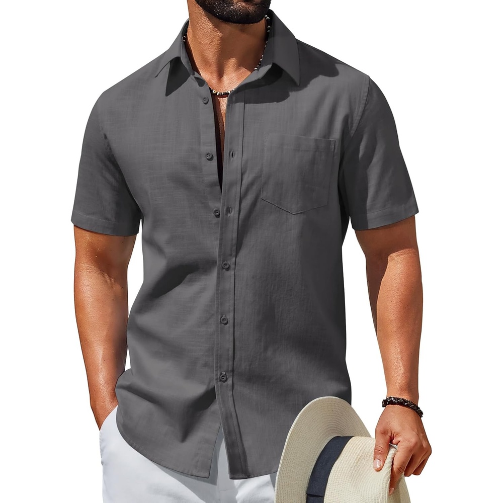 image:imageCOOFANDY Mens Short Sleeve Button Down Shirts Summer Cotton Lyocell Linen Textured Casual Beach Shirts with PocketDark Grey