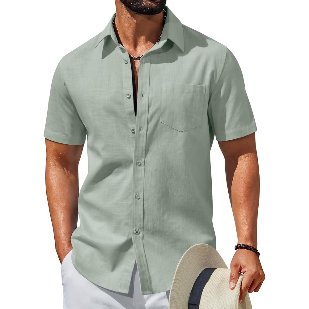 image:imageCOOFANDY Mens Short Sleeve Button Down Shirts Summer Cotton Lyocell Linen Textured Casual Beach Shirts with PocketLight Green