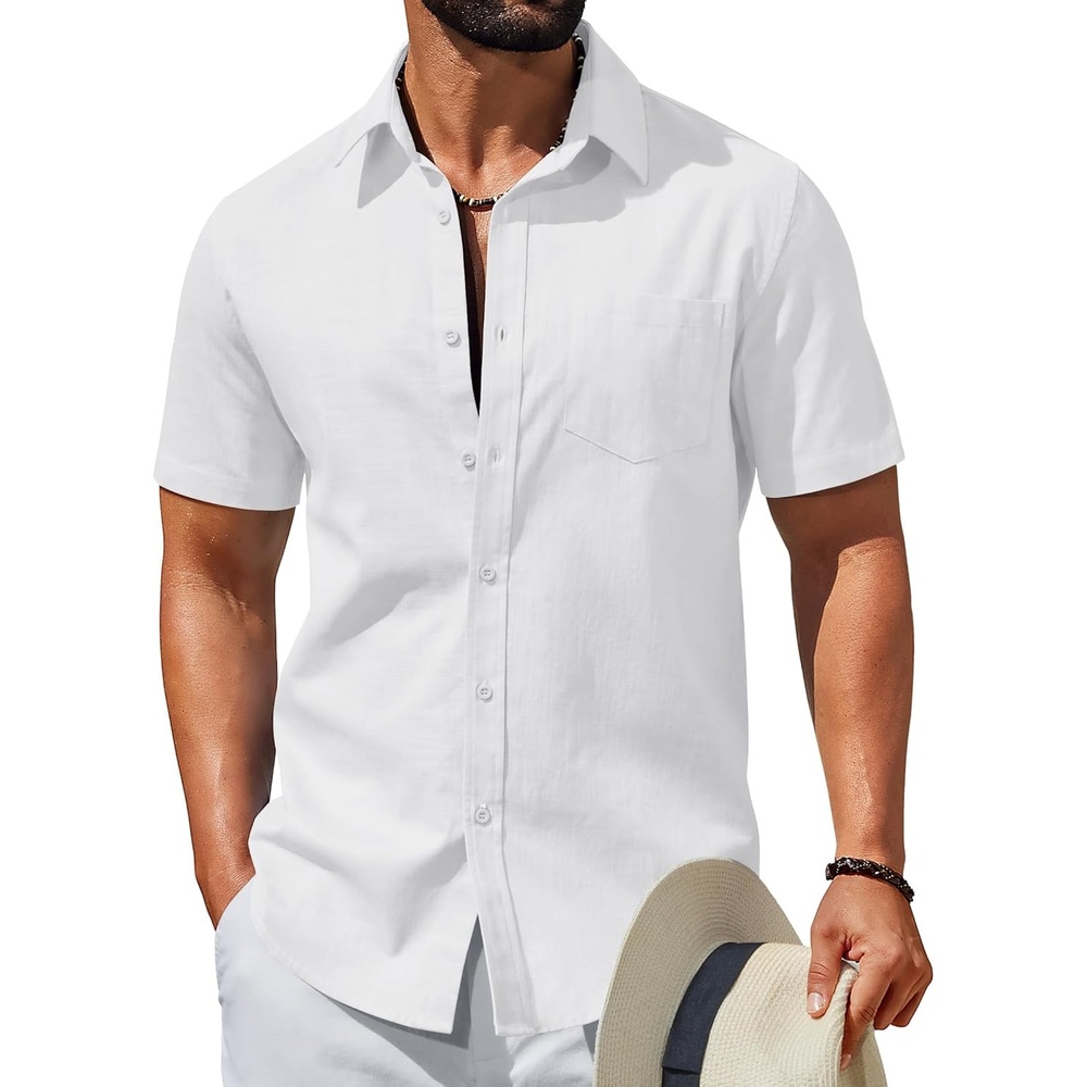 image:imageCOOFANDY Mens Short Sleeve Button Down Shirts Summer Cotton Lyocell Linen Textured Casual Beach Shirts with PocketWhite
