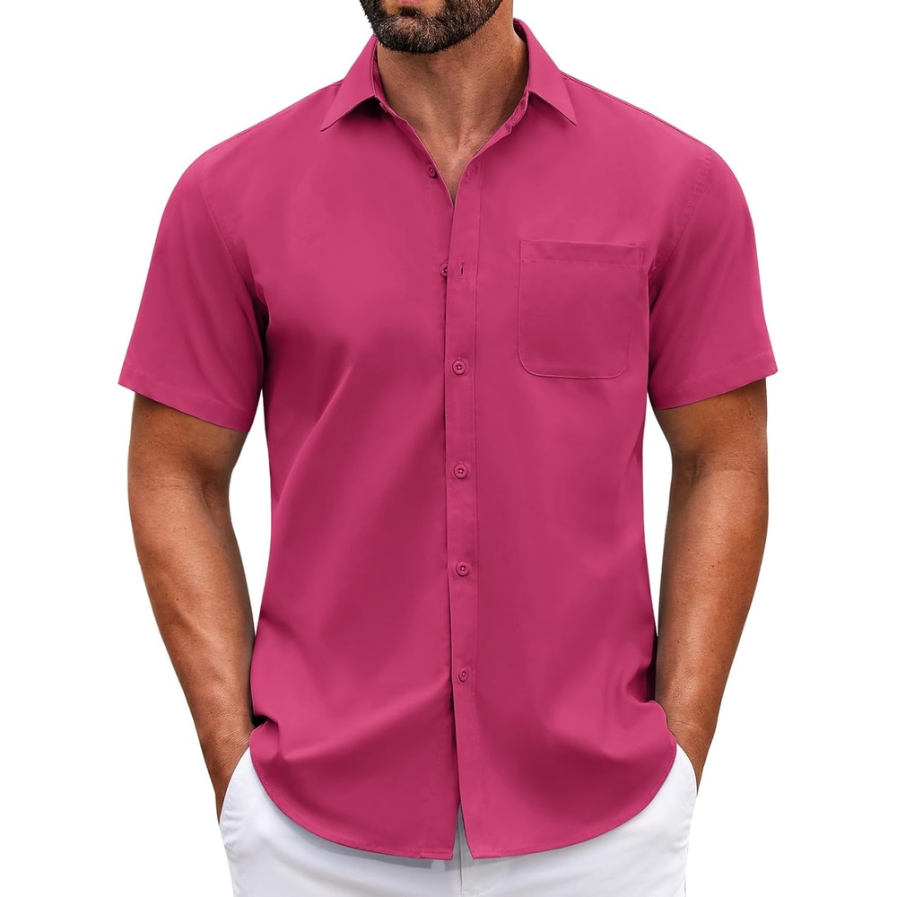 image:imageCOOFANDY Mens Short Sleeve Casual Button Down Shirts Summer Untucked Dress Shirts with PocketRose Red