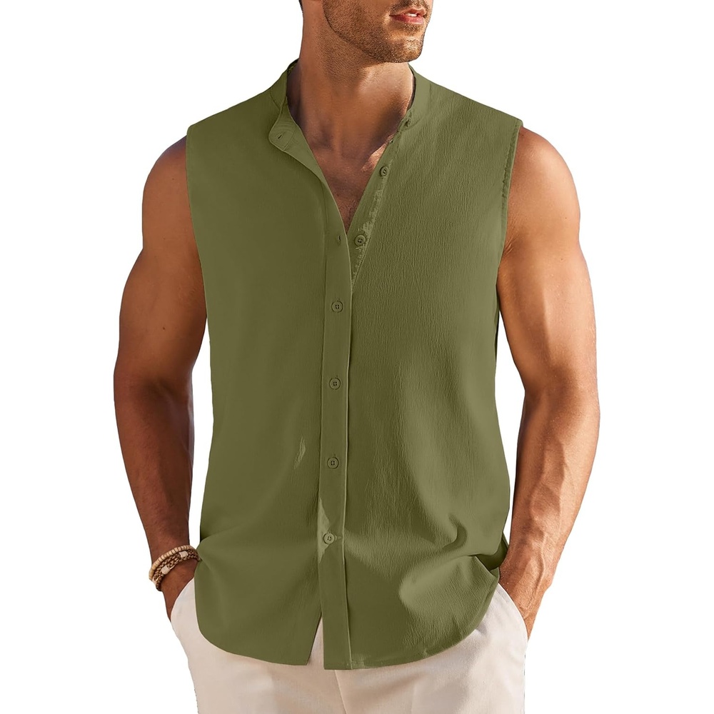 image:imageCOOFANDY Mens Sleeveless Button Up Shirts Summer Beach Tank Tops Collarless Casual Cruise Dress ShirtArmy Green