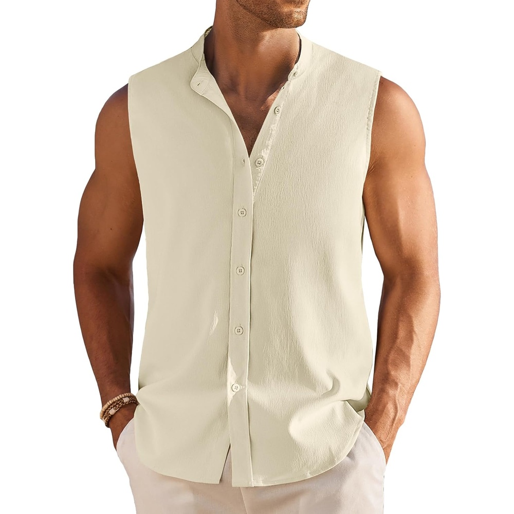 image:imageCOOFANDY Mens Sleeveless Button Up Shirts Summer Beach Tank Tops Collarless Casual Cruise Dress ShirtBeige