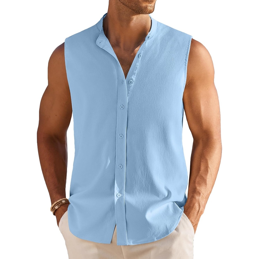 image:imageCOOFANDY Mens Sleeveless Button Up Shirts Summer Beach Tank Tops Collarless Casual Cruise Dress ShirtLight Blue