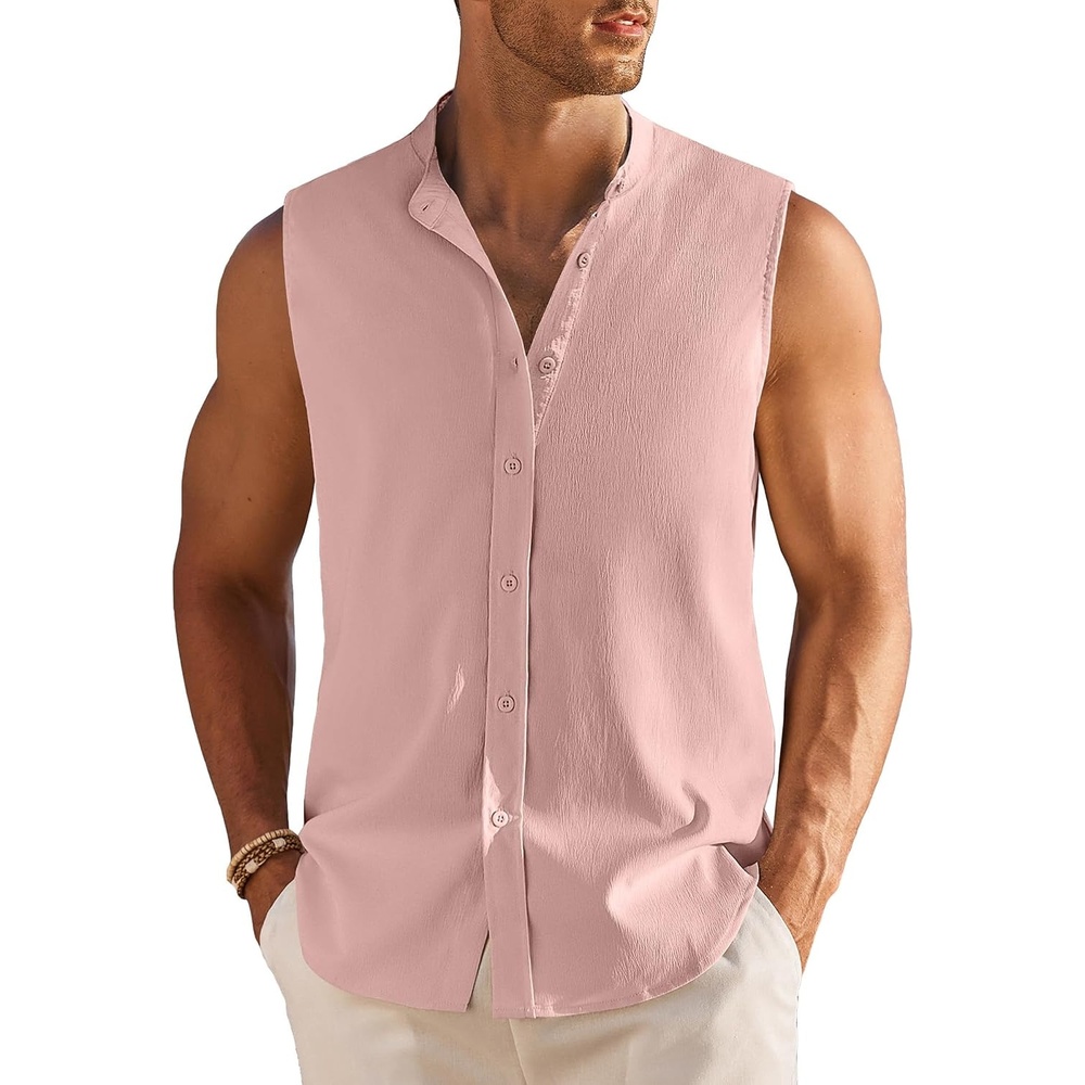 image:imageCOOFANDY Mens Sleeveless Button Up Shirts Summer Beach Tank Tops Collarless Casual Cruise Dress ShirtPink