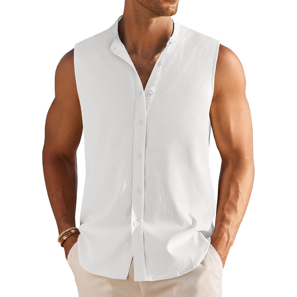 image:imageCOOFANDY Mens Sleeveless Button Up Shirts Summer Beach Tank Tops Collarless Casual Cruise Dress ShirtWhite