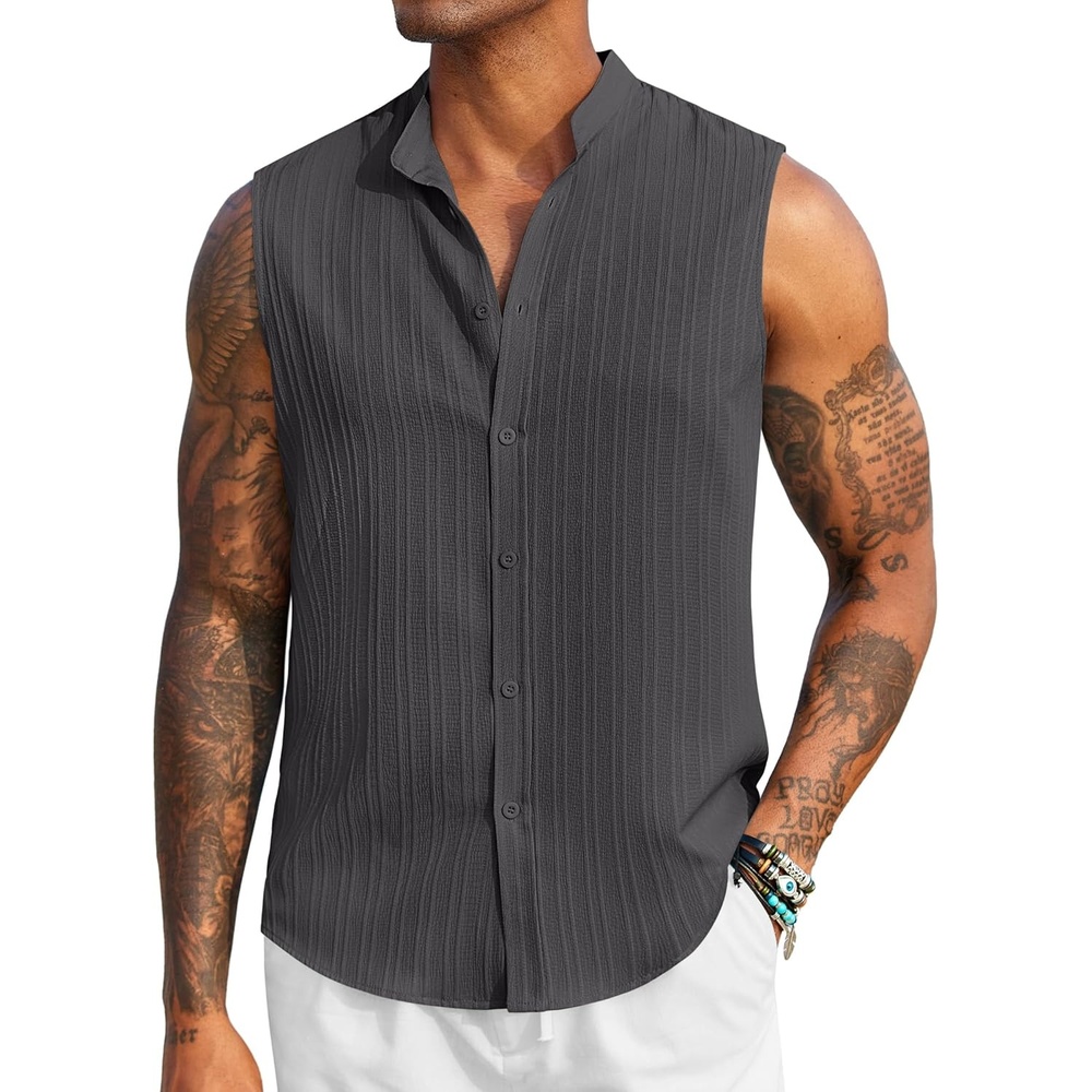 image:imageCOOFANDY Mens Sleeveless Summer Shirts Beach Tank Tops Button Up Textured Tank Shirt for VacationDark Grey