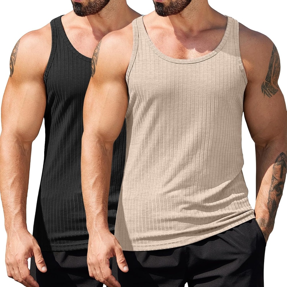image:imageCOOFANDY Mens Workout Tank Top Ribbed Knit Sleeveless Gym Muscle T Shirts Bodybuilding TeeBlackLight Khaki 2 Pcs