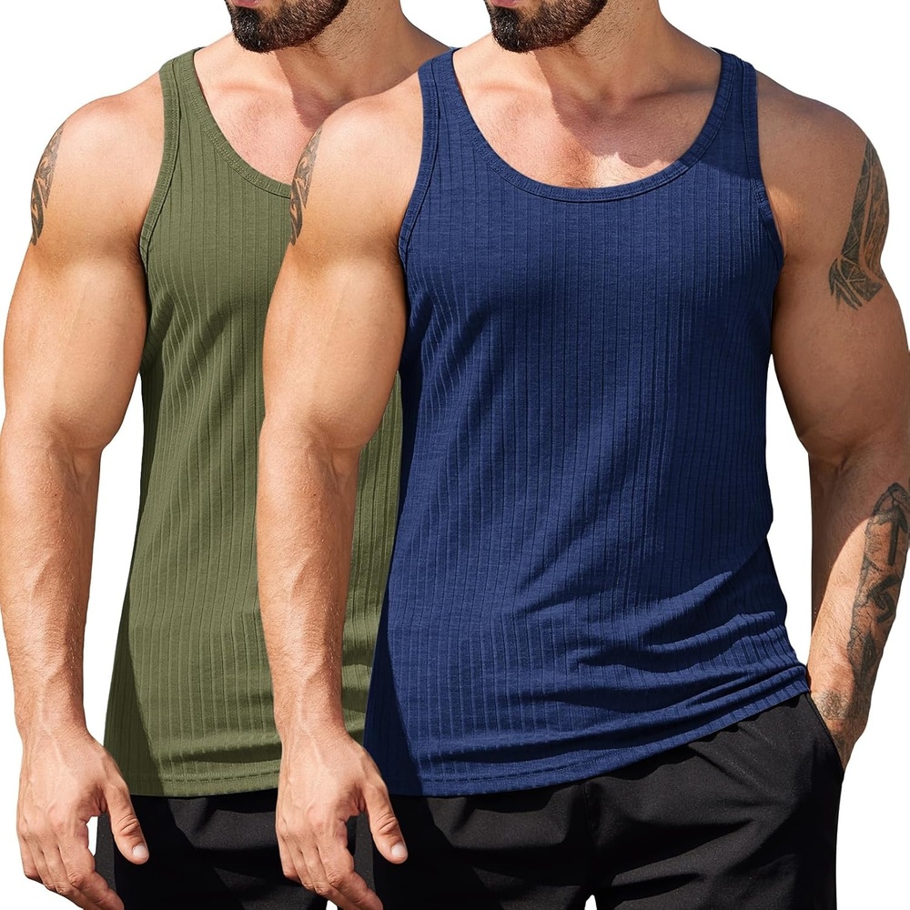 image:imageCOOFANDY Mens Workout Tank Top Ribbed Knit Sleeveless Gym Muscle T Shirts Bodybuilding TeeGreenBlue 2 Pcs
